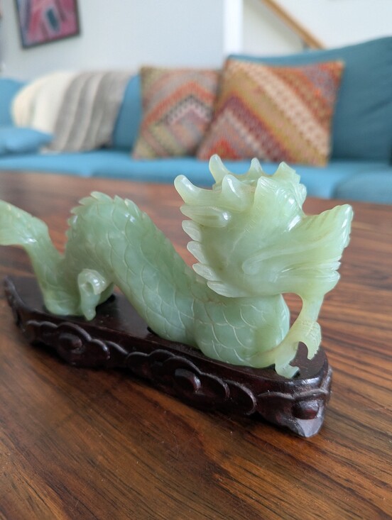 Other - Carved Green Serpentine Jade Dragon Figurine Statue with Wooden Base